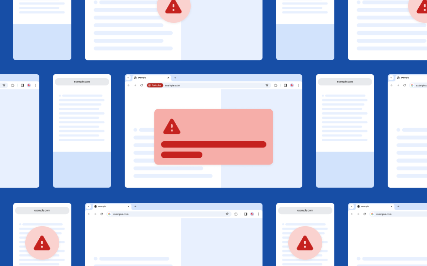 Pagini web generice care plutesc pe fundal albastru închis. O fereastră pop-up roșie cu o pictogramă de alertă roșie în prim-plan.